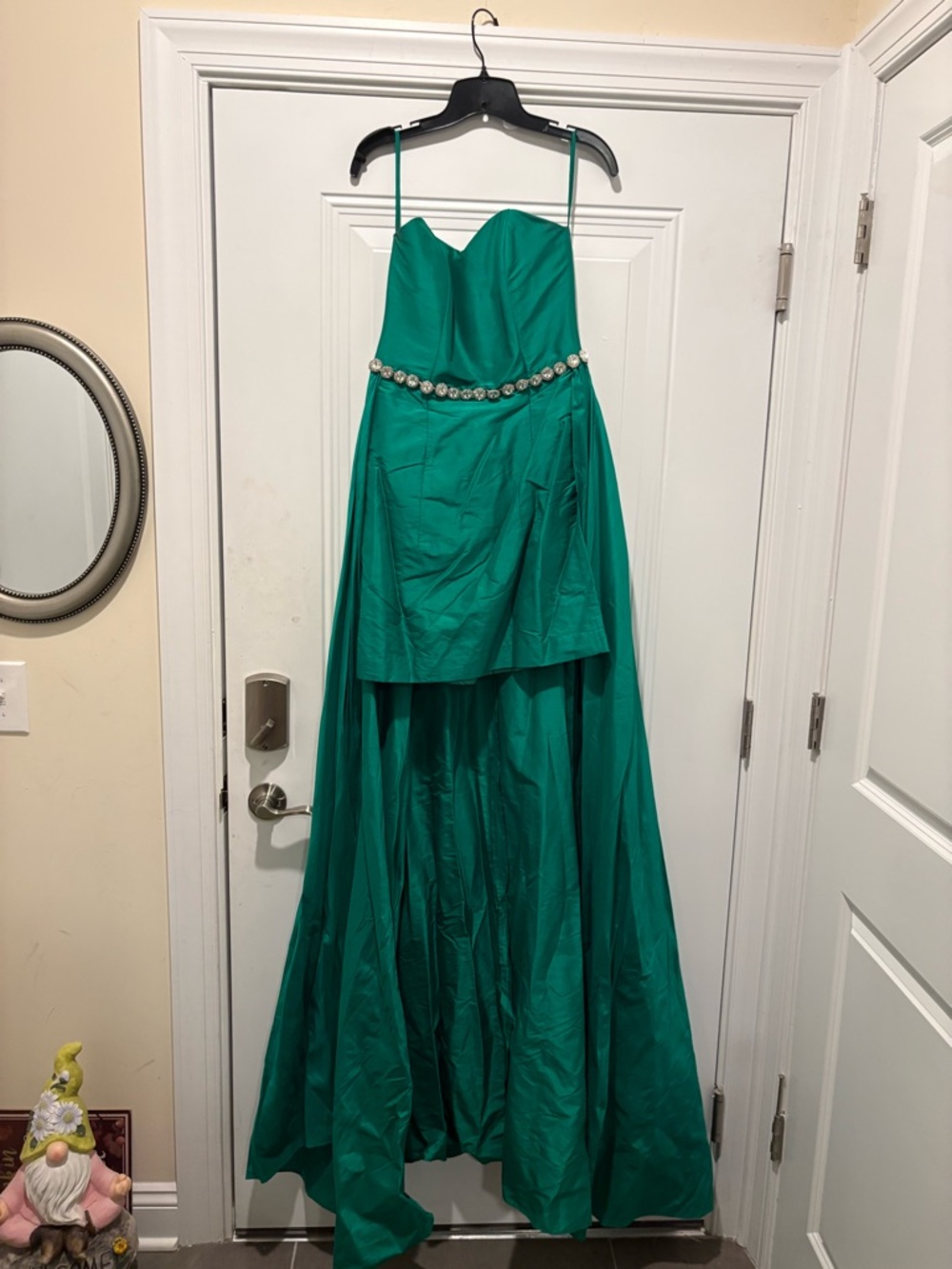 Strapless Emerald Evening Gown with Jeweled Waist
